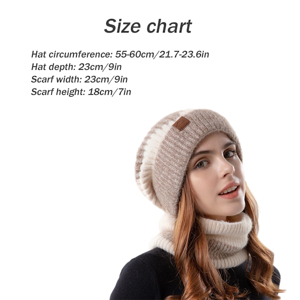 Hatt og skjerfsett for kvinner, 2 deler myk varm tykk strikket beaniehatt og skjerf, vinterhatt for kvinner
