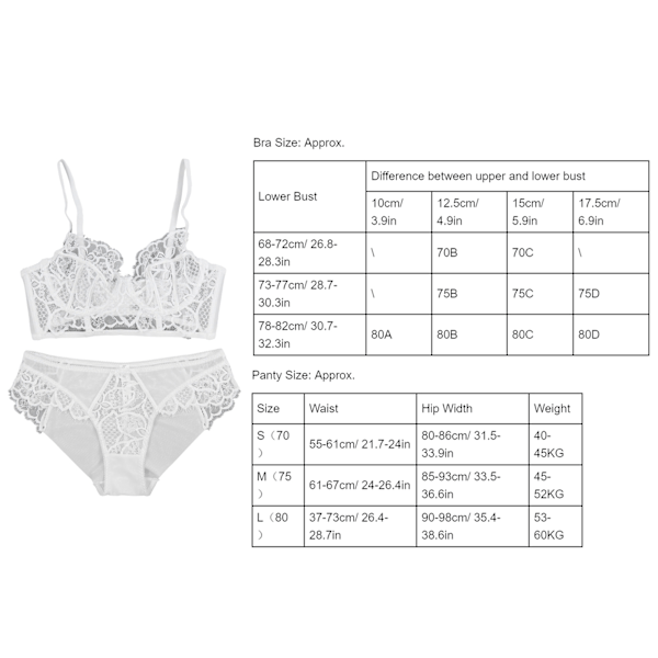 Spetsbh-set Underkläder Blommig Justerbar Rem V-ringad Transparent Bh Trosset för Kvinnor Vit 70B