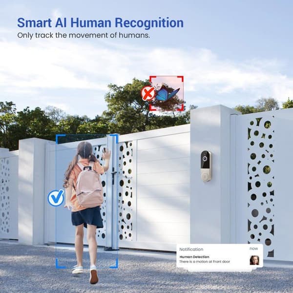 Wireless 1080p Wi-Fi Doorbell Camera – AI Detection, Night Vision, Two-Way Audio, Battery Powered