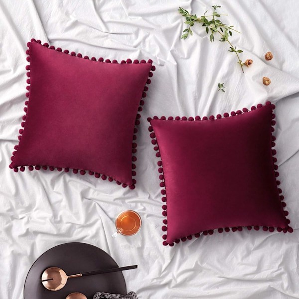 2-pack Sammetskuddfodral med Pompom Dekorativa Kuddfodral Solida Mjuka Kuddfodral med Pompoms Kvadratiska för Soffa Säng Sovrum Bil 18x18 tum