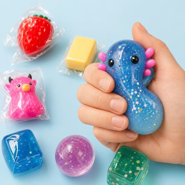 8-delt Squishy Sensorisk Sæt, Søde Dyr Mad Glitter og Terning Stressaflastende Legetøj, Blød Klemme Fidget Gaveæske