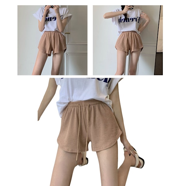 Sport Shorts för Kvinnor, Hög Elastisk Midja, Snörning, Sportkläder för Löpning, Jogging, Brun, Storlek L