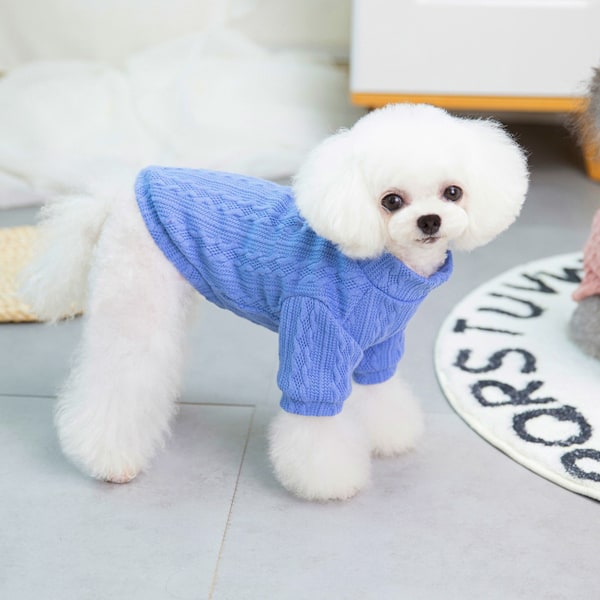 2 stk. Hundetrøje, Koldvejr Kabelstrikket, Klassisk Høj Hals Tyk Varmt Tøj (Lyseblå+Pink)