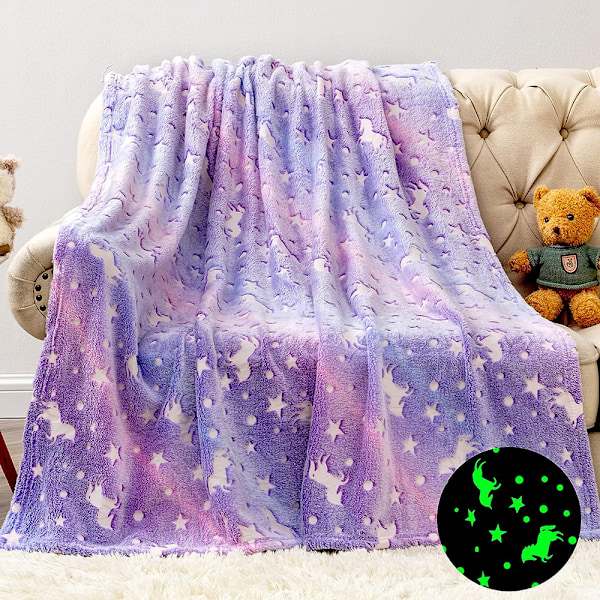 Gosig filt stjärnor enhörning i mörkt lila fleece mjuk filt glow in the dark filt presenter till barn tjejer, supermjuk fleece filt