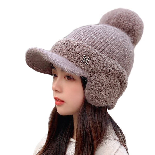 Dam vinterhattar med visir varm skidöronlapp Pompom hatt snygg stickad fleece mössa