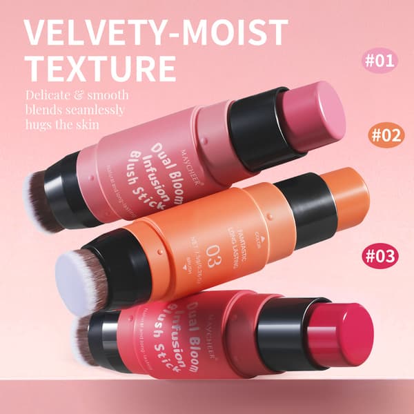 Double-sided multifunctional volumizing cream blush, waterproof, long-lasting and highly pigmented.