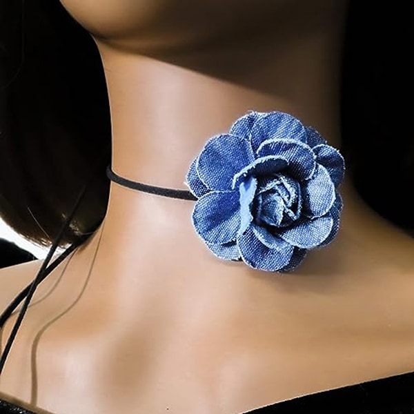 Blå Choker med Kamelia Blomma, Snörning, Blommig Choker Halsband, Blomhalsband, Blommig Choker för Nattklubbar, Fester och Vardagsbruk