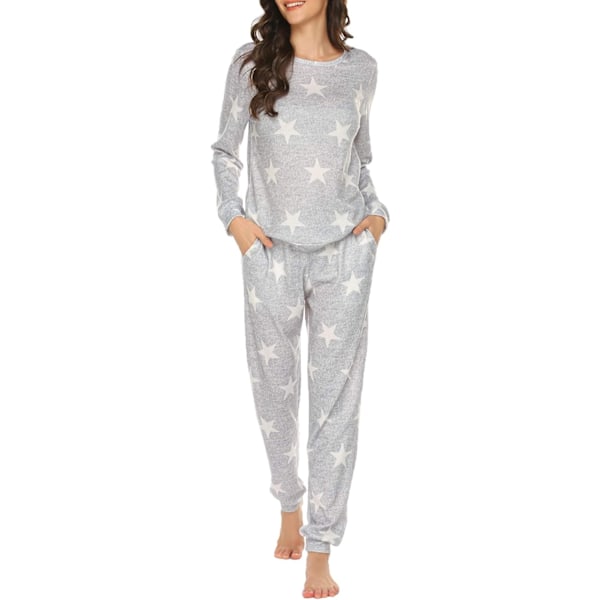 Dam Pyjamas Set Långärmad Sovkläder Stjärnprint Nattkläder Mjuka PJs Loungeset med Fickor