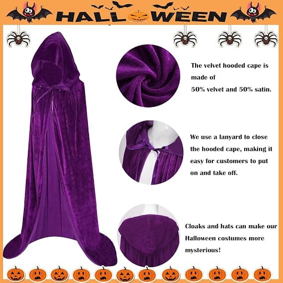 Unisex voksen hættekappe Halloween kappe lang fløjlskappe Cosplay kostume lilla