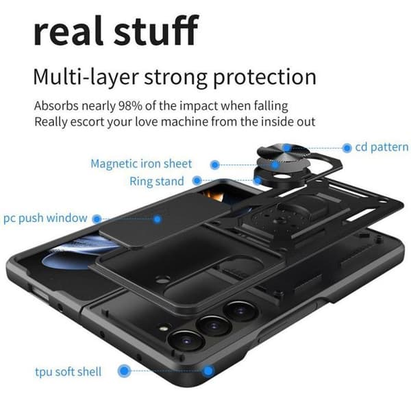 Protective Case - BOOLING - for Samsung Galaxy Z Fold 7 - Black - Rotating Ring - 2 Tempered Glass Svart