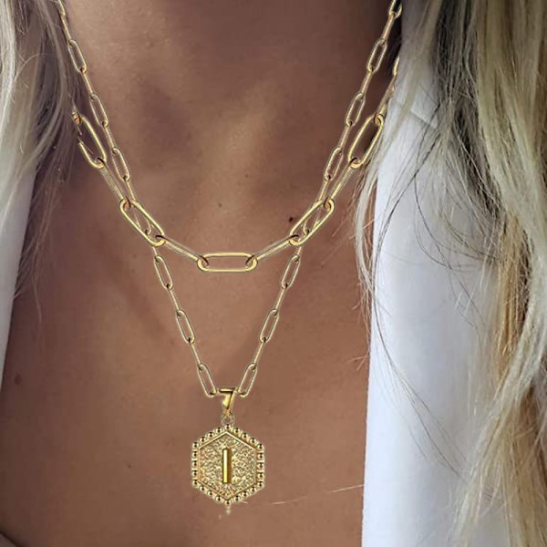 Dobbeltlags kragekjede for kvinner med bokstavanheng, gull geometrisk choker