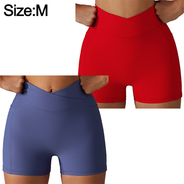 2 stk. kryss-midje hodeløftende hofte yoga shorts lomme sykling løping treningsbukser dame høy midje stramme løpeshorts