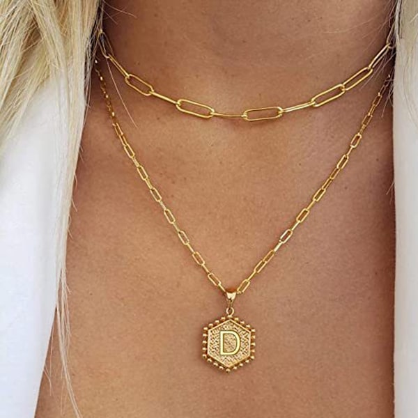 Dobbeltlags kragekjede for kvinner med bokstavanheng, gull geometrisk choker