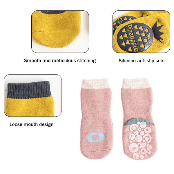 5 Par Strumpor med Grepp, Halksäkra Strumpor för Babyflickor/Pojkar Halksäkra för Nyfödda Spädbarn Barns Söta Babystrumpor med Fruktmönster Halksäkra