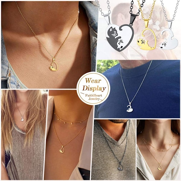 Parhalsband för par, rostfritt stål, matchande för pojkvän och flickvän, enkel söt katt hjärta yin yang halsband för par