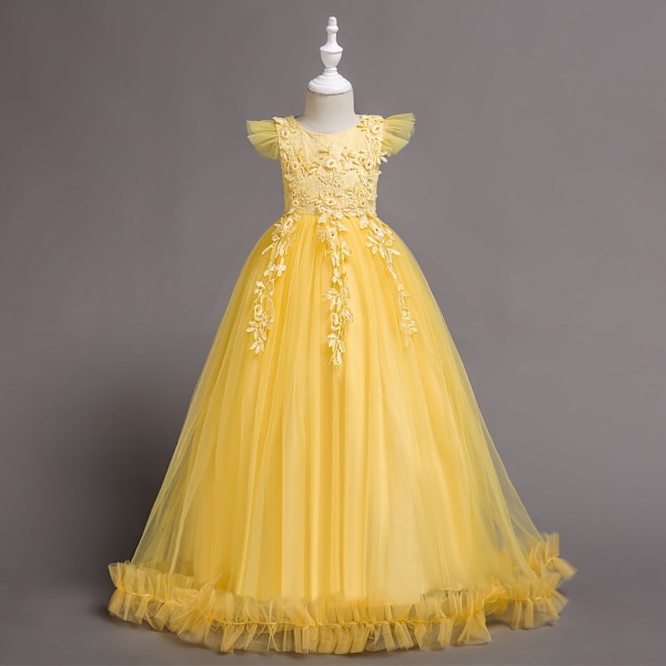 Barnklänning för flickor, blomsterflickeklänning, prinsessklänning, spetsbroderad, lång Yellow 160cm