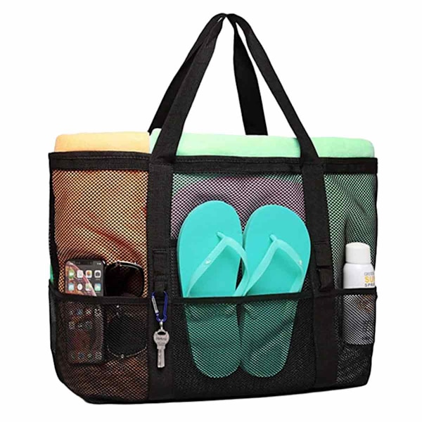 Stor Strandväska Poolväskor, Mesh Strandväska för Leksaker, Handduk, Flip Flops, Strandväska, 42*38*20cm