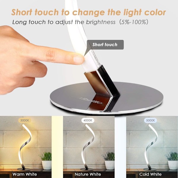 Spiral Design LED-bordslampa - Dimbar skrivbordslampa Touch-knapp, varmvit 3000K sänglampor av rostfritt stål, 1,5 m kabel, 5W 450LM Nattduksbord