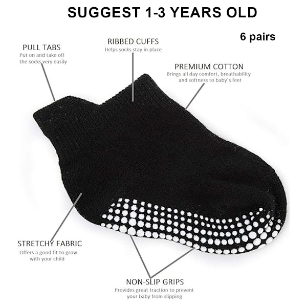 6 par Ankelstrumpor med Grepp, Baby Toddler Kids Unisex Varma Tjocka Bomullsstrumpor (Enfärgade)