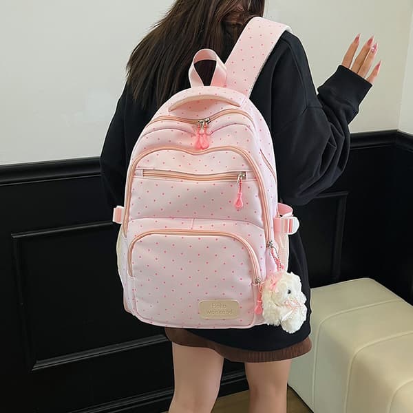 Pink Minimalist Polka Dot School Bag 3-Piece Set: Backpack, Shoulder Bag, Pencil Case – Everyday Set for Students
