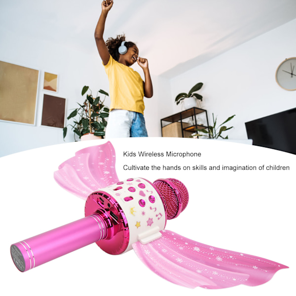 Barnas Bluetooth-mikrofon Trådløs LED-lys Vinger Dekorasjon USB Oppladbar Håndholdt Legering Mikrofon Høytaler Rosa