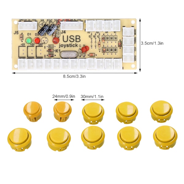 QM070901 Arcade-spel Joystick-kit Zero Delay Arcade-spel DIY-kitdelar med Encoder-kort 10 knappar Joystick för MAMEGul