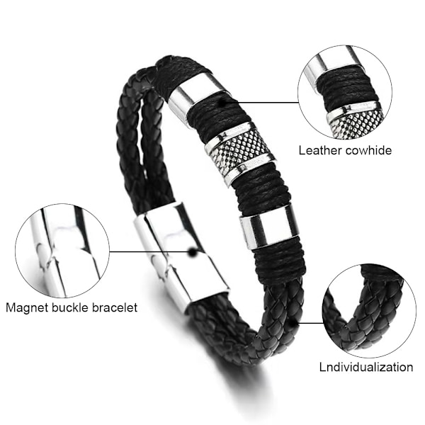 Armband för Män i Läder med Svart Magnetisk Rostfritt Stål Spänne Handledsmanchett