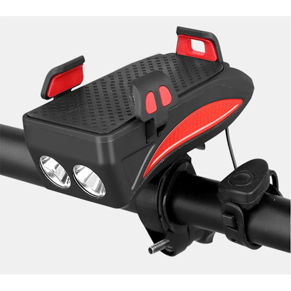 Cykellys mobilholder, 4-i-1 cykel mobilholder, LED cykelforlygte, USB oplader med horn, vandtæt til 4-6,3 tommer smartphones