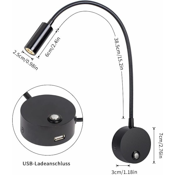 Vägglampa, LED-sänglampa, dimbar touch-omkopplare, USB-laddningsport, 3W, 360° vridbar, stickpropp, kabel, sovrum, 3000-6000K, svart