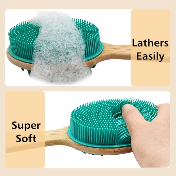 Exfoliating Silicone Back Scrubber with Long Handle, Easy to Clean, Bath Body Brush Lathers Easily, Long-lasting