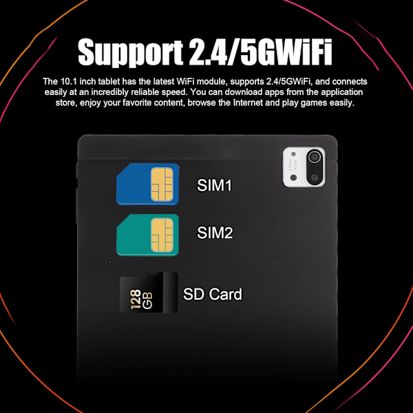 10,1 Tums Surfplatta för Android 11.0 2.4G 5G WiFi 6GB 128GB 1920x1200 IPS Fram 5MP Bak 13MP Samtalstablett 100‑240V Svart EU-kontakt