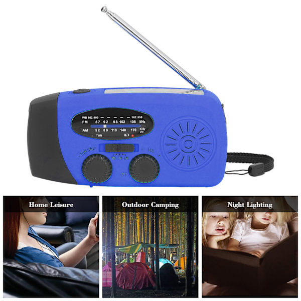 Håndsveiv Solradio Multifunksjonell Nødradio LED Radio med Lommelykt for Utendørs Camping Blå Amerika