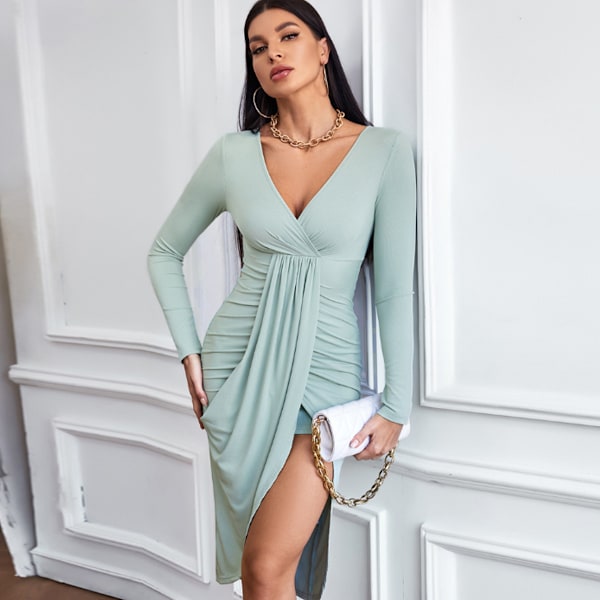 Kvinnors Rynkad Wrap Klänning Långärmad V-ringad Split Hem Draped Front Midi Bodycon Klänningar Stickad Slit Party Klänning
