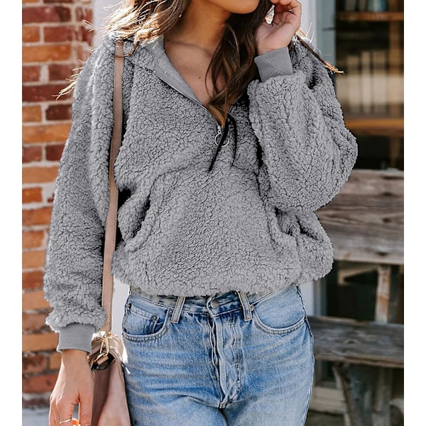 Dame Langærmet Sherpa Fleece Hoodies Casual Lynlås Fuzzy Frakke Trøje Crop Tops Hoodie Med Lommer