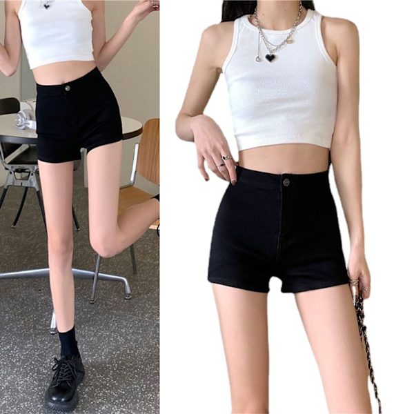 Damshorts med Hög Midja, Slim Fit, Stretchiga, Trendiga, för Dagligt Datum, Shopping, Svart, Storlek L