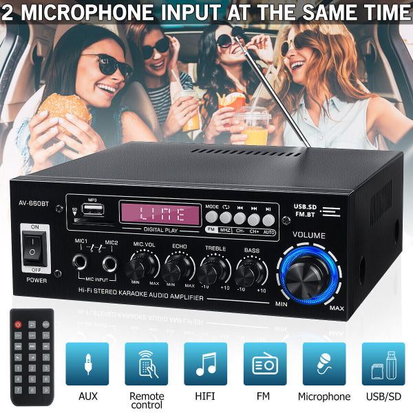 2000W integrert forsterker med Bluetooth 5.0 HiFi stereo forsterker digital FM