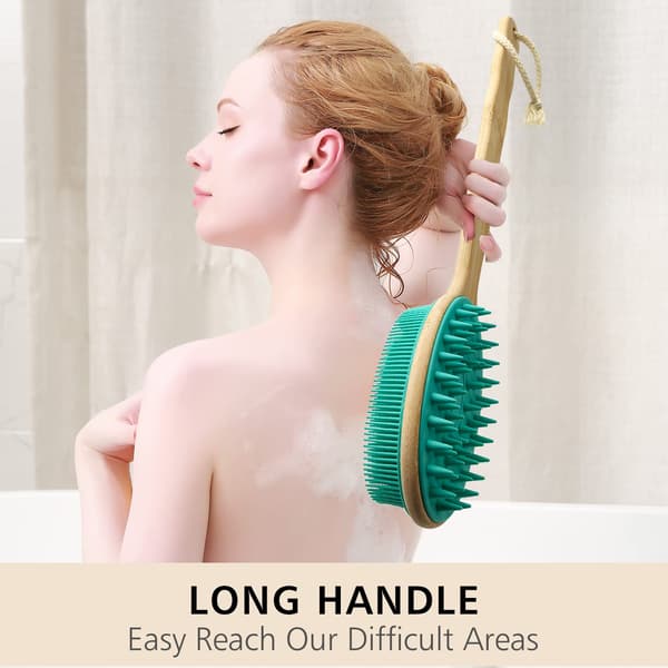 Exfoliating Silicone Back Scrubber with Long Handle, Easy to Clean, Bath Body Brush Lathers Easily, Long-lasting