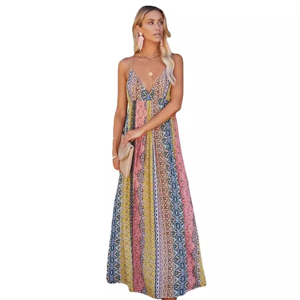 Sommarmaxi-klänning för kvinnor, boho-stil, fest, lång, semester, V-ringning, spaghettiband, bohemiskt tryck, blommig, strandklänning