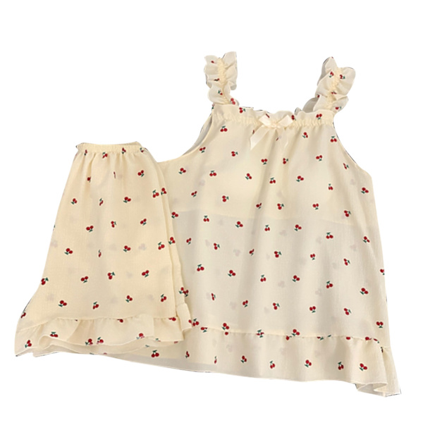 Camisole Pyjamas Tvådelad Set med Bröstkuddar Lös Mjuk Hudvänlig Sommarpyjamas Set för Flickor Körsbär XL
