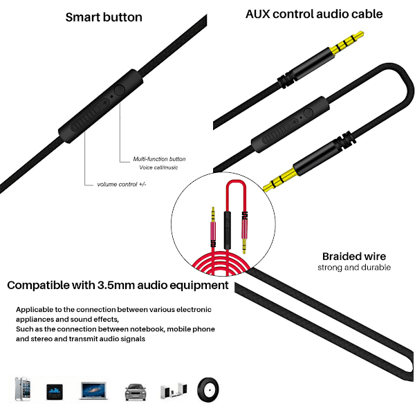 Audiokaapeli 3,5 mm uros-uros audioliitäntäkaapeli mikrofonilla puhelimen kuulokkeille autoon