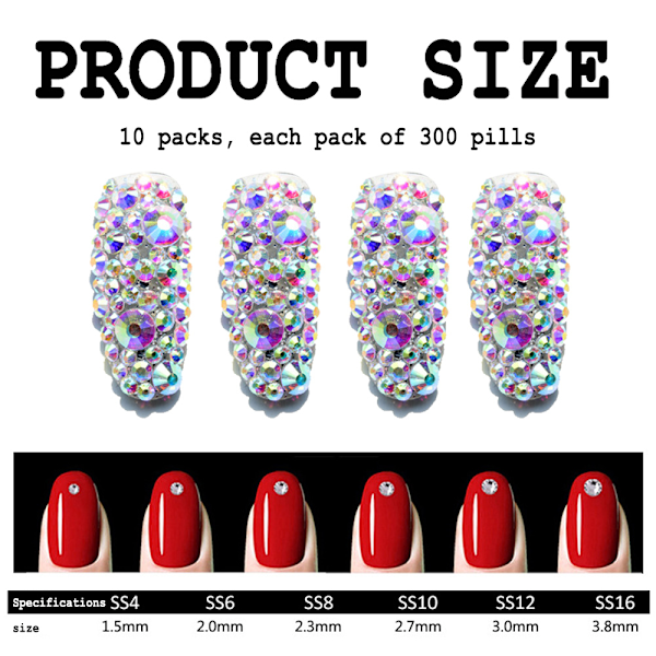 3000 Stykker Krystal Negle Rhinestones Runde Perler Flatback Glas Charms Ædelstene Stene