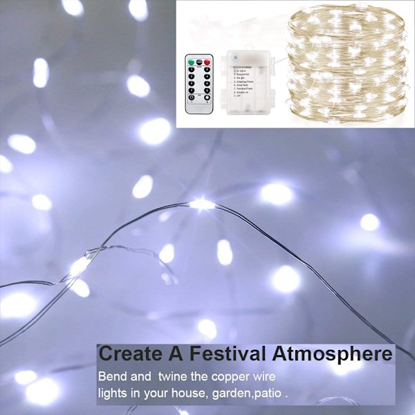 2-pack Fairy Lights Ljusslingor Batteridrivna Vattentäta 8 Lägen Fjärrkontroll 100 LED Ljusslingor 10 m Koppartråd Eldflugsljus