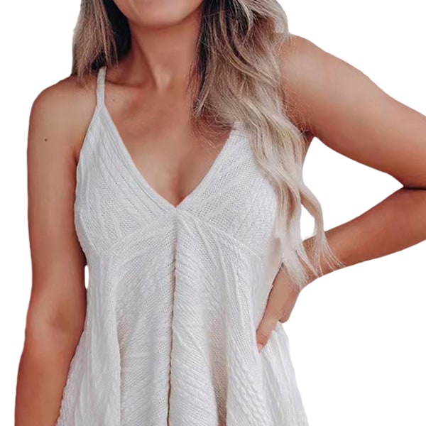 Dam Tanktop med V-ringning och Spaghettiband - Sommarmode, Casual, Lös A-linje, Ärmlös, Vit, XL