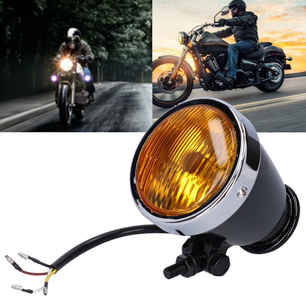 12V 4 tommer Retro Motorcykel Forlygte Rund Sort Hus Gul Linse Universal til Alle Vintage Motorcykler