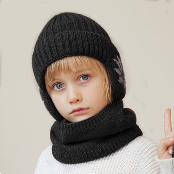 Barnens vinter fleece halsduk kostym, barn vinter vindtät och varm stickad mössa och halsduk, öron skyddande hatt