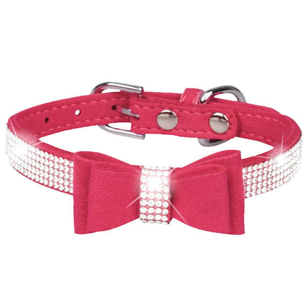 Halsband för hund, halsband för katt, glittrande kristalldiamantbågehalsband guldspänne hög sammet läder