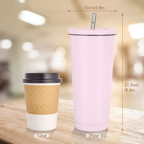 750 ml resekopp, dubbelväggig kopp i rostfritt stål, vakuumisolerad vattenflaska, isolerad vattenkaffekopp, dubbelväggkopp med sugrör, borste och