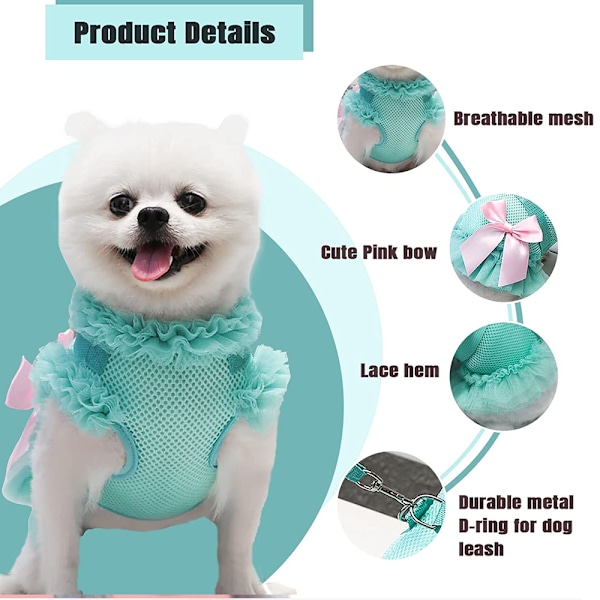 Liten hundsele och koppel set No Pull valp västar selar mjuk justerbar andningsbar mesh söt rosett husdjur hundsele klänning