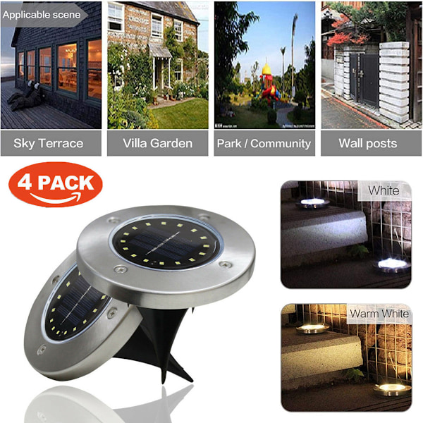 Solar spotlights för utomhusträdgård, 4-pack, 16 LED solar spotlights för utomhusbelysning IP65 vattentät trådlös rostfritt stål spotlights för