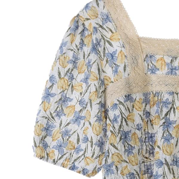 Blus med puffärmar för kvinnor, spetskant, blommigt tryck, söt, elegant, lös passform, sommar, casual, T-shirt, blommig, M